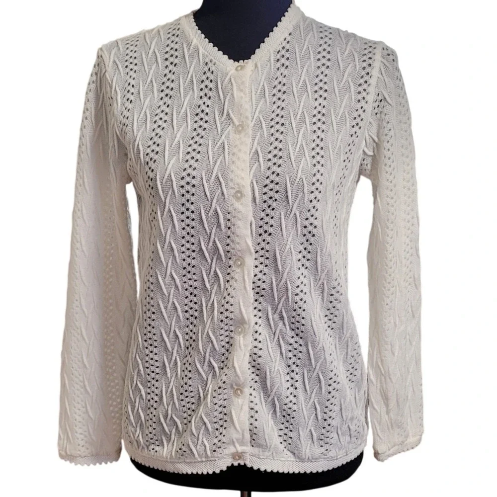 White Pointelle Cardigan S‎ Vintage 60s Seamless Knit Japan Lightweight Feminine